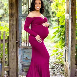 Purple 3/4 Long Sleeve Maternity Dress Pregnancy Solid  Baby-shower Wedding 