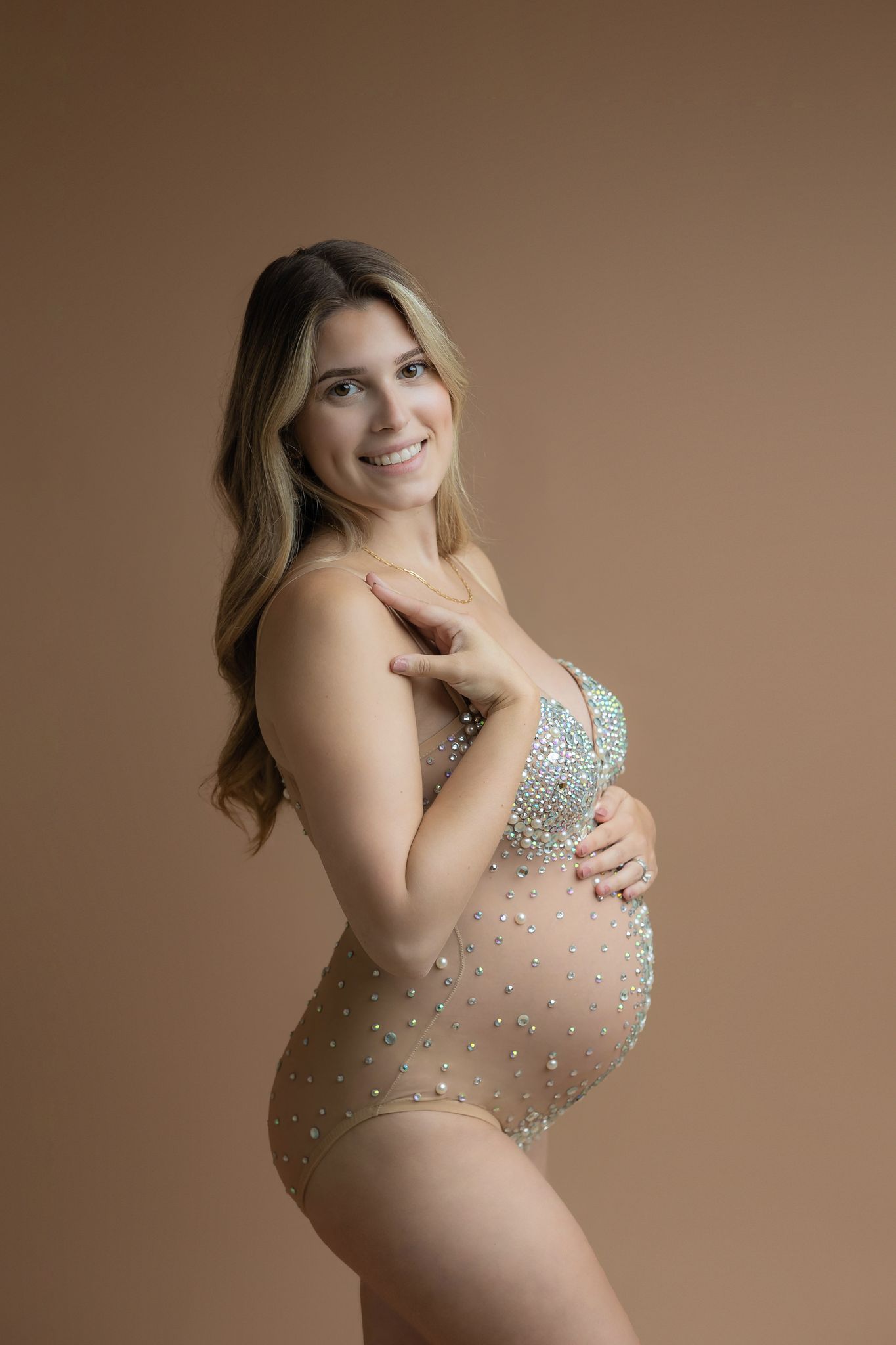 Rhinestone Women Maternity Photography Bodysuit Crystal Stretchy Pearl  Pregnant