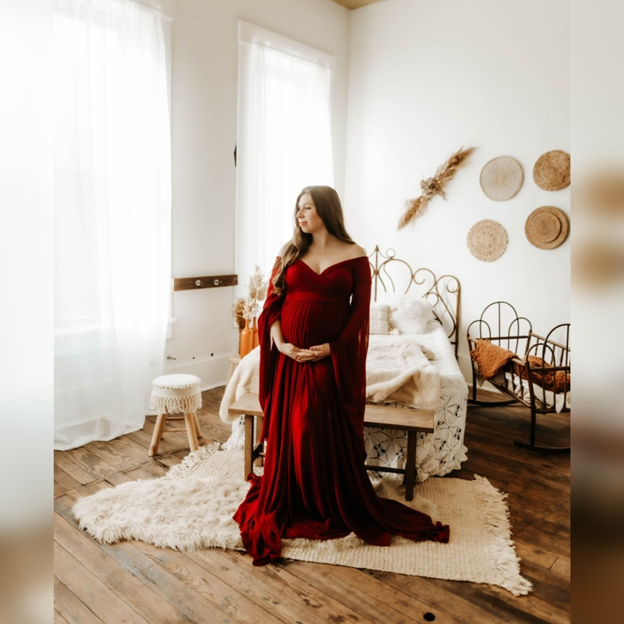 Maternity Gown for Photoshoot | Maternity Long Sleeve Off Shoulder Dress